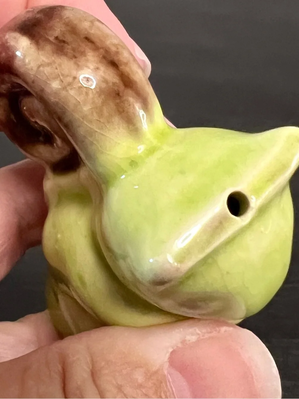 VTG Ceramic Squirrel Pie Bird Vent Funnel Chartreuse Swirled Tail Kitschy Retro